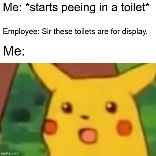 Surprised Pikachu | Me: *starts peeing in a toilet*; Employee: Sir these toilets are for display. Me: | image tagged in memes,surprised pikachu,funny,lol,display,toilets | made w/ Imgflip meme maker
