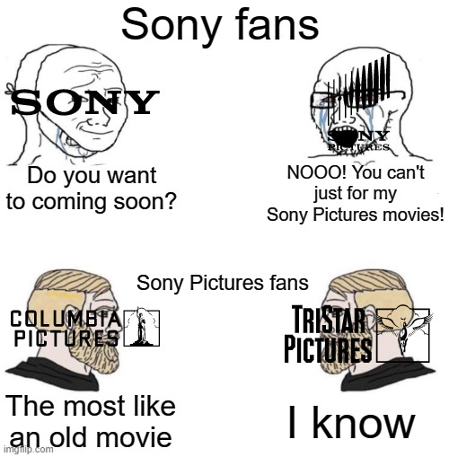 A Sony movie when you have in their new movie | Sony fans; Do you want to coming soon? NOOO! You can't just for my Sony Pictures movies! Sony Pictures fans; I know; The most like an old movie | image tagged in chad we know,memes | made w/ Imgflip meme maker
