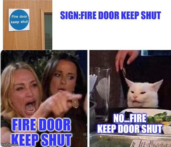 Fire Door | SIGN:FIRE DOOR KEEP SHUT; NO...FIRE KEEP DOOR SHUT; FIRE DOOR KEEP SHUT | image tagged in lady screams at cat | made w/ Imgflip meme maker