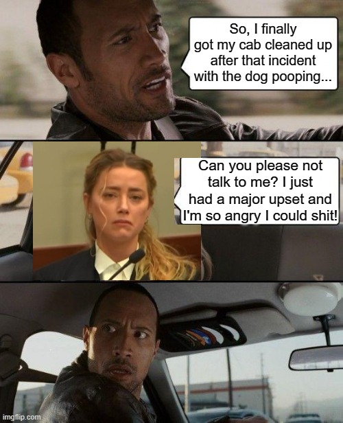 Liberals are shitting bricks over the verdict |  So, I finally got my cab cleaned up after that incident with the dog pooping... Can you please not talk to me? I just had a major upset and I'm so angry I could shit! | image tagged in memes,the rock driving,amber heard,poop,liberals,insane | made w/ Imgflip meme maker