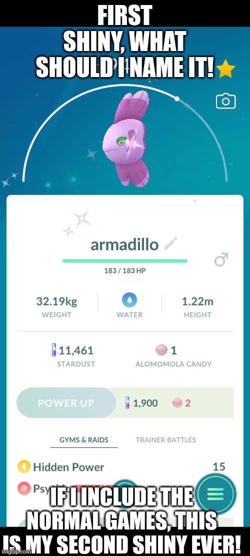 Armadillo is bad name | FIRST SHINY, WHAT SHOULD I NAME IT! IF I INCLUDE THE NORMAL GAMES, THIS IS MY SECOND SHINY EVER! | image tagged in pokemon,pokemon go,stop reading the tags,idiots | made w/ Imgflip meme maker