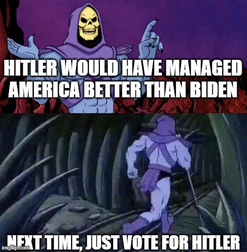 HEIL HITLER #?️‍?⃠ #AntiPC #https://wonder.cdc.gov/controller/saved/D8/D293F954 | HITLER WOULD HAVE MANAGED AMERICA BETTER THAN BIDEN; NEXT TIME, JUST VOTE FOR HITLER | image tagged in he man skeleton advices | made w/ Imgflip meme maker