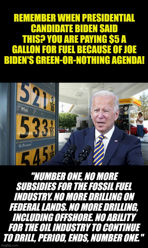 Biden's chickens are coming home to roost. And you're paying their bill too. |  REMEMBER WHEN PRESIDENTIAL CANDIDATE BIDEN SAID THIS? YOU ARE PAYING $5 A GALLON FOR FUEL BECAUSE OF JOE BIDEN'S GREEN-OR-NOTHING AGENDA! "NUMBER ONE, NO MORE SUBSIDIES FOR THE FOSSIL FUEL INDUSTRY. NO MORE DRILLING ON FEDERAL LANDS. NO MORE DRILLING, INCLUDING OFFSHORE. NO ABILITY FOR THE OIL INDUSTRY TO CONTINUE TO DRILL, PERIOD, ENDS, NUMBER ONE." | image tagged in joe biden,illegal immigration,food,gas prices,inflation,hopeless | made w/ Imgflip meme maker