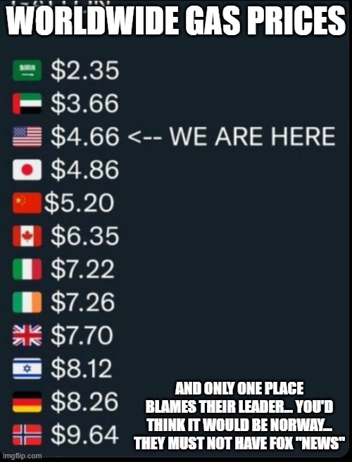 Worldwide gas prices | WORLDWIDE GAS PRICES; AND ONLY ONE PLACE BLAMES THEIR LEADER... YOU'D THINK IT WOULD BE NORWAY... THEY MUST NOT HAVE FOX "NEWS" | image tagged in worldwide gas prices | made w/ Imgflip meme maker