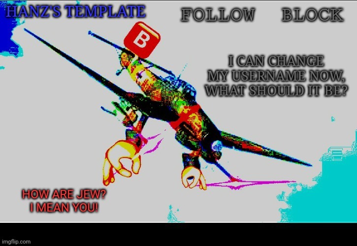 Hanz's Stuka Template | I CAN CHANGE MY USERNAME NOW, WHAT SHOULD IT BE? | image tagged in hanz's stuka template | made w/ Imgflip meme maker