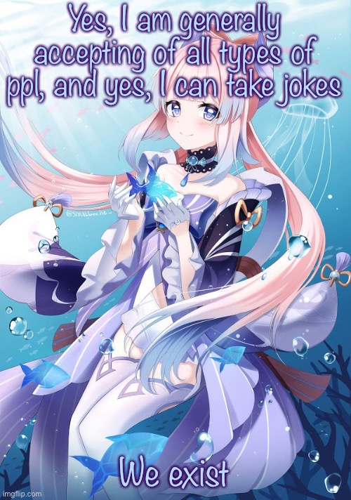 Sangonomiya Kokomi | Yes, I am generally accepting of all types of ppl, and yes, I can take jokes; We exist | image tagged in sangonomiya kokomi | made w/ Imgflip meme maker