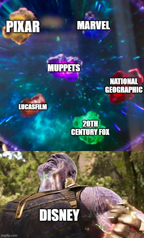 Disney has lots of divisions |  PIXAR; MARVEL; MUPPETS; NATIONAL GEOGRAPHIC; LUCASFILM; 20TH CENTURY FOX; DISNEY | image tagged in thanos infinity stones,disney | made w/ Imgflip meme maker
