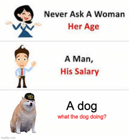 Never ask a dog | A dog; what the dog doing? | image tagged in never ask a woman her age | made w/ Imgflip meme maker
