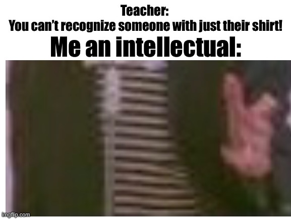 Ah yes, a good title | Teacher: 
You can’t recognize someone with just their shirt! Me an intellectual: | image tagged in oh wow are you actually reading these tags | made w/ Imgflip meme maker