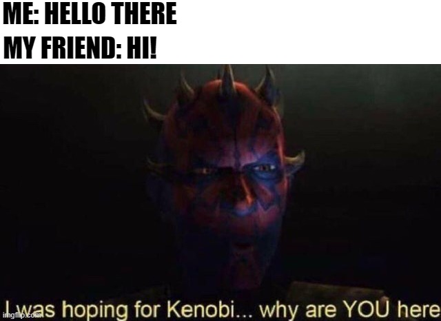 I was hoping for Kenobi | ME: HELLO THERE; MY FRIEND: HI! | image tagged in i was hoping for kenobi | made w/ Imgflip meme maker