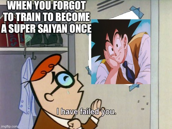 We are sorry goku | WHEN YOU FORGOT TO TRAIN TO BECOME A SUPER SAIYAN ONCE | image tagged in i have failed you,dragon ball | made w/ Imgflip meme maker