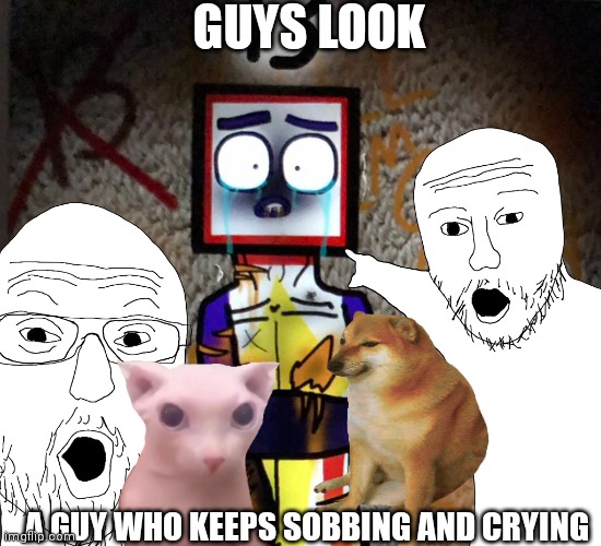 Nothing. | GUYS LOOK; A GUY WHO KEEPS SOBBING AND CRYING | image tagged in guys look | made w/ Imgflip meme maker