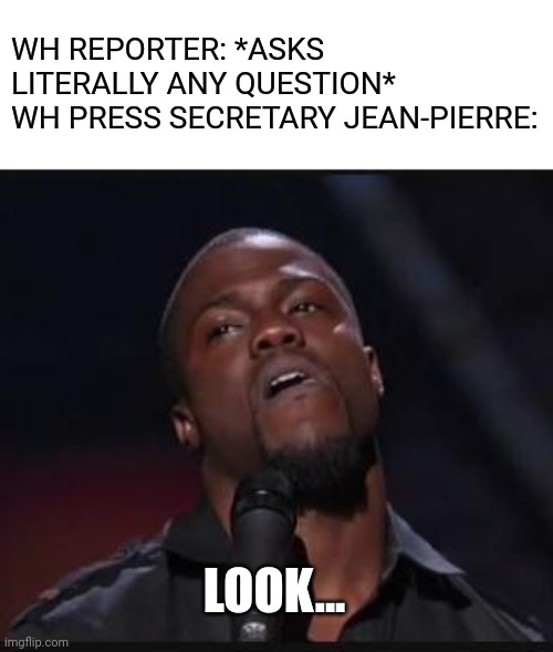 Look... |  WH REPORTER: *ASKS LITERALLY ANY QUESTION*
WH PRESS SECRETARY JEAN-PIERRE:; LOOK... | image tagged in kevin hart suspicious look | made w/ Imgflip meme maker