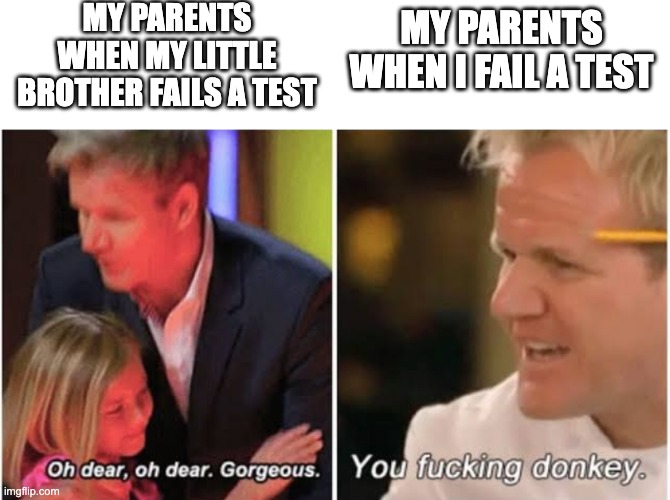 ikr |  MY PARENTS WHEN MY LITTLE BROTHER FAILS A TEST; MY PARENTS WHEN I FAIL A TEST | image tagged in gordon ramsay kids vs adults | made w/ Imgflip meme maker
