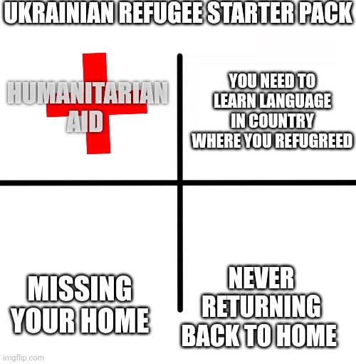Blank Starter Pack Meme | UKRAINIAN REFUGEE STARTER PACK; HUMANITARIAN AID; YOU NEED TO LEARN LANGUAGE IN COUNTRY WHERE YOU REFUGREED; MISSING YOUR HOME; NEVER RETURNING BACK TO HOME | image tagged in memes,blank starter pack | made w/ Imgflip meme maker