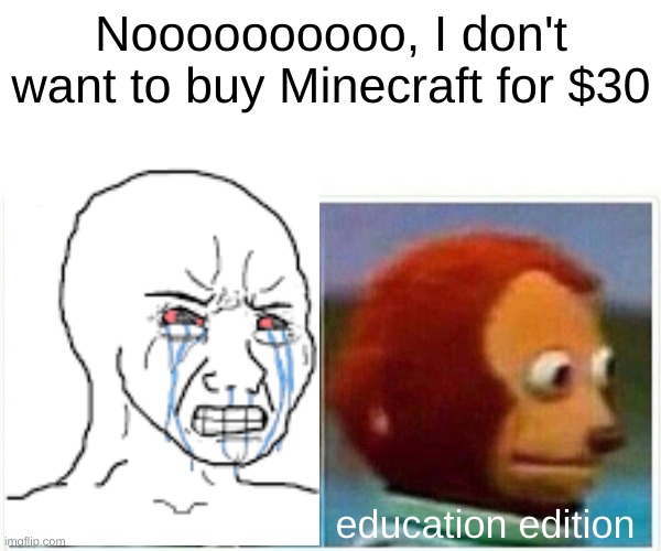 Monkey Puppet Meme | Noooooooooo, I don't want to buy Minecraft for $30; education edition | image tagged in memes,monkey puppet,minecraft | made w/ Imgflip meme maker