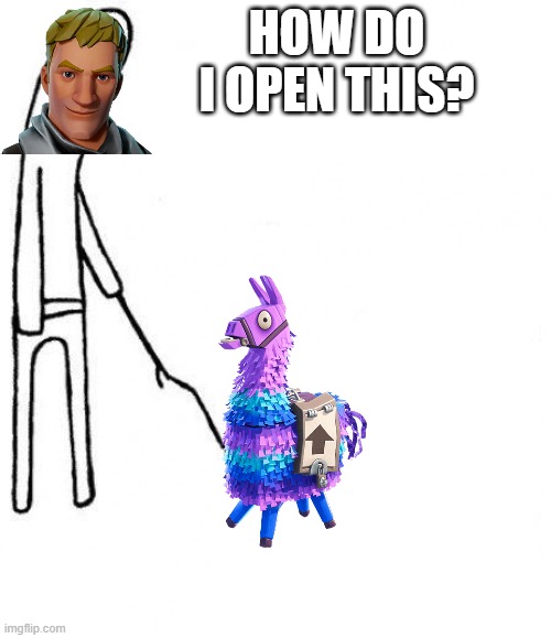 this guy is dumb | HOW DO I OPEN THIS? | image tagged in c'mon do something,lama,fortnite meme,default | made w/ Imgflip meme maker