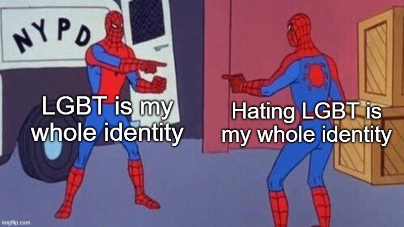 "They're the same picture" -- P. Beasley | LGBT is my whole identity; Hating LGBT is my whole identity | image tagged in spiderman pointing at spiderman | made w/ Imgflip meme maker