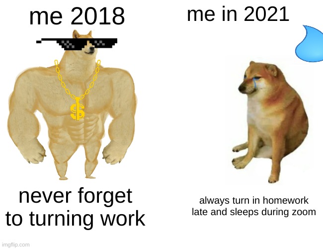 doge | me 2018; me in 2021; never forget to turning work; always turn in homework late and sleeps during zoom | image tagged in memes,buff doge vs cheems | made w/ Imgflip meme maker