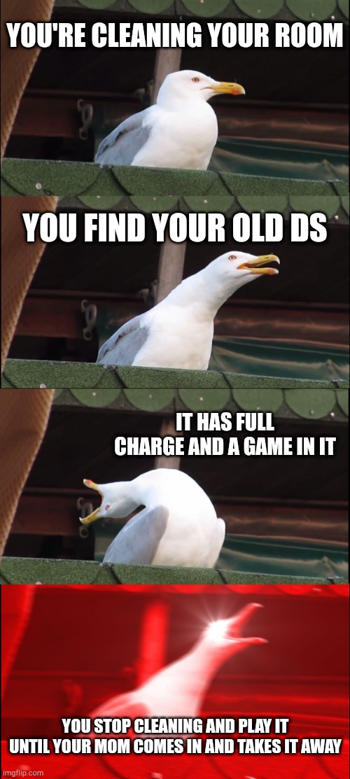 Inhaling Seagull Meme | YOU'RE CLEANING YOUR ROOM; YOU FIND YOUR OLD DS; IT HAS FULL CHARGE AND A GAME IN IT; YOU STOP CLEANING AND PLAY IT UNTIL YOUR MOM COMES IN AND TAKES IT AWAY | image tagged in memes,inhaling seagull | made w/ Imgflip meme maker