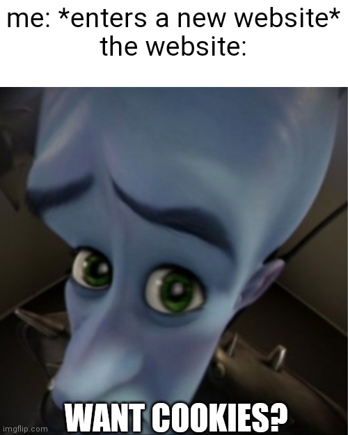 m | me: *enters a new website*
the website:; WANT COOKIES? | image tagged in megamind peeking,memes,cookies | made w/ Imgflip meme maker