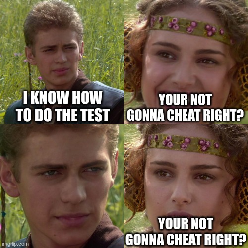 Anakin Padme 4 Panel | I KNOW HOW TO DO THE TEST; YOUR NOT GONNA CHEAT RIGHT? YOUR NOT GONNA CHEAT RIGHT? | image tagged in anakin padme 4 panel | made w/ Imgflip meme maker