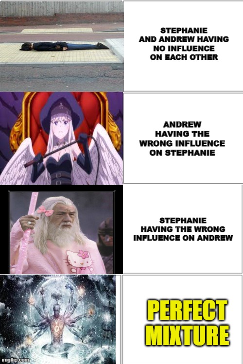 Blank Comic Panel 2x4 | STEPHANIE AND ANDREW HAVING NO INFLUENCE ON EACH OTHER; ANDREW HAVING THE WRONG INFLUENCE ON STEPHANIE; STEPHANIE HAVING THE WRONG INFLUENCE ON ANDREW; PERFECT MIXTURE | image tagged in blank comic panel 2x4 | made w/ Imgflip meme maker