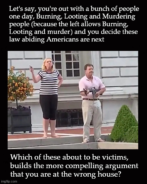 Let's say, you're out one day, Burning, Looting and Murdering people | Let's say, you're out with a bunch of people 
one day, Burning, Looting and Murdering 
people (because the left allows Burning, 
Looting and murder) and you decide these 
law abiding Americans are next; Which of these about to be victims, 
builds the more compelling argument
that you are at the wrong house? | image tagged in blm riots,gun control,ar15 | made w/ Imgflip meme maker