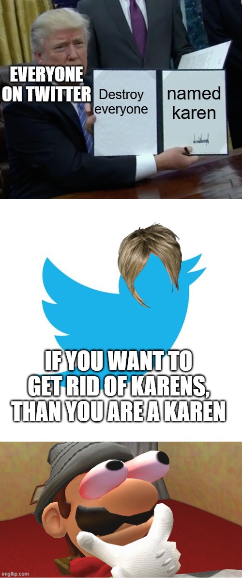 HMMMMMMMMMMMMMMMMMMMMMMMMM | EVERYONE ON TWITTER; Destroy everyone; named karen; IF YOU WANT TO GET RID OF KARENS, THAN YOU ARE A KAREN | image tagged in memes,trump bill signing,twitter birds says,hmmmmmmmmmmmmmmmmmmmmmmmmmmmmmmmmmmmmmmmmmmmmmmmmmmmmmmmmmmmmmmm | made w/ Imgflip meme maker