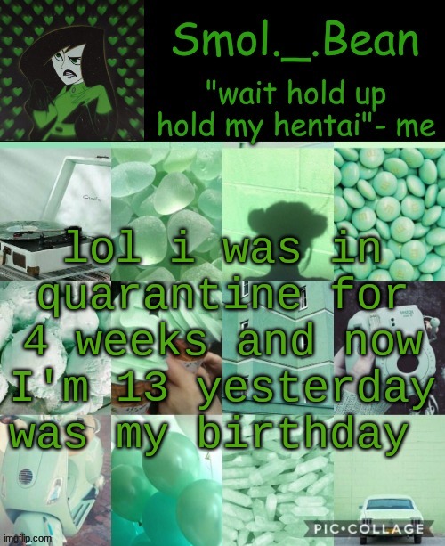 Hold my hentai | lol i was in quarantine for 4 weeks and now I'm 13 yesterday was my birthday | image tagged in hold my hentai | made w/ Imgflip meme maker