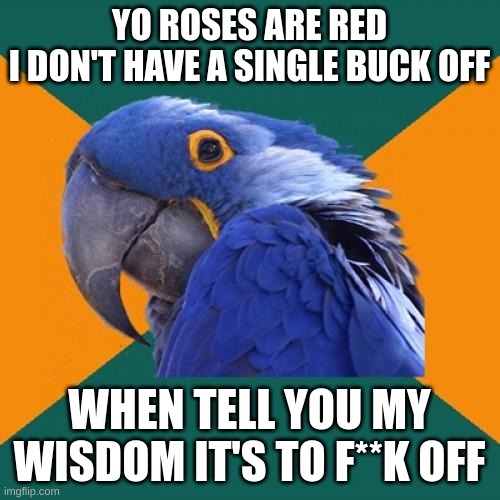 Paranoid Parrot Meme | YO ROSES ARE RED
I DON'T HAVE A SINGLE BUCK OFF WHEN TELL YOU MY WISDOM IT'S TO F**K OFF | image tagged in memes,paranoid parrot | made w/ Imgflip meme maker