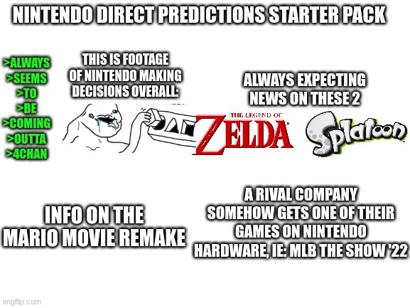 for a while i thought that nintendo directs were monthly | NINTENDO DIRECT PREDICTIONS STARTER PACK; >ALWAYS
>SEEMS
>TO
>BE
>COMING
>OUTTA
>4CHAN; THIS IS FOOTAGE OF NINTENDO MAKING DECISIONS OVERALL:; ALWAYS EXPECTING NEWS ON THESE 2; A RIVAL COMPANY SOMEHOW GETS ONE OF THEIR GAMES ON NINTENDO HARDWARE, IE: MLB THE SHOW '22; INFO ON THE MARIO MOVIE REMAKE | image tagged in blank white template,nintendo | made w/ Imgflip meme maker