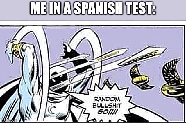 Random Bullshit Go |  ME IN A SPANISH TEST: | image tagged in random bullshit go,relatable,true story | made w/ Imgflip meme maker