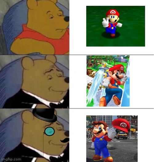 3 types of Mario's | image tagged in winnie the pooh 3-panel | made w/ Imgflip meme maker