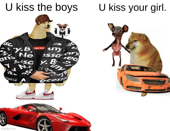 Fun gay | U kiss the boys; U kiss your girl. | image tagged in memes,buff doge vs cheems | made w/ Imgflip meme maker