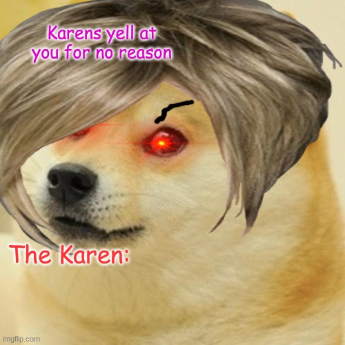 Karen doge | Karens yell at you for no reason; The Karen: | image tagged in karen,doge | made w/ Imgflip meme maker