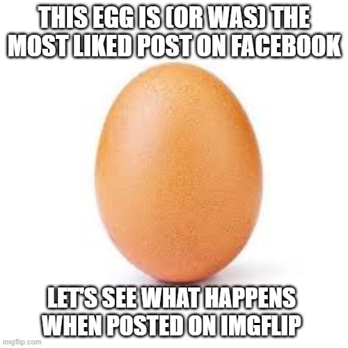 egg |  THIS EGG IS (OR WAS) THE MOST LIKED POST ON FACEBOOK; LET'S SEE WHAT HAPPENS WHEN POSTED ON IMGFLIP | image tagged in memes,egg,imgflip,funny | made w/ Imgflip meme maker