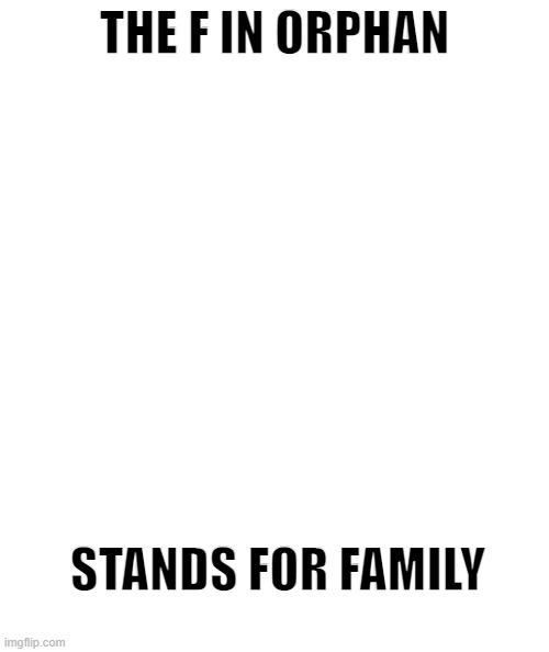 White rectangle | THE F IN ORPHAN; STANDS FOR FAMILY | image tagged in white rectangle | made w/ Imgflip meme maker