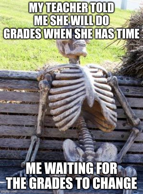 Waiting Skeleton Meme | MY TEACHER TOLD ME SHE WILL DO GRADES WHEN SHE HAS TIME; ME WAITING FOR THE GRADES TO CHANGE | image tagged in memes,waiting skeleton | made w/ Imgflip meme maker