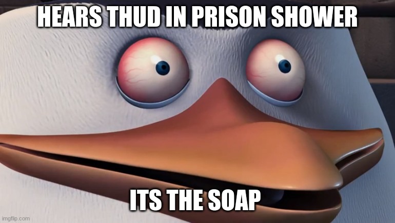 oh sh#t hear we go again | HEARS THUD IN PRISON SHOWER; ITS THE SOAP | image tagged in shook skipper | made w/ Imgflip meme maker