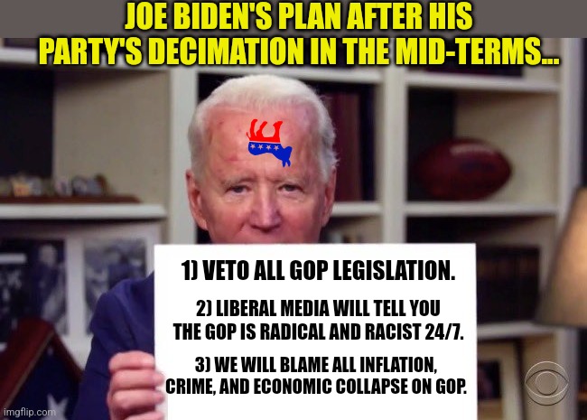 Lets see if this comes true. Yes, Dems will blame Biden's failures on the GOP. Just wait... | JOE BIDEN'S PLAN AFTER HIS PARTY'S DECIMATION IN THE MID-TERMS... 1) VETO ALL GOP LEGISLATION. 2) LIBERAL MEDIA WILL TELL YOU THE GOP IS RADICAL AND RACIST 24/7. 3) WE WILL BLAME ALL INFLATION, CRIME, AND ECONOMIC COLLAPSE ON GOP. | image tagged in joe biden sign,gop,liberal logic,dementia,planning,democrats | made w/ Imgflip meme maker