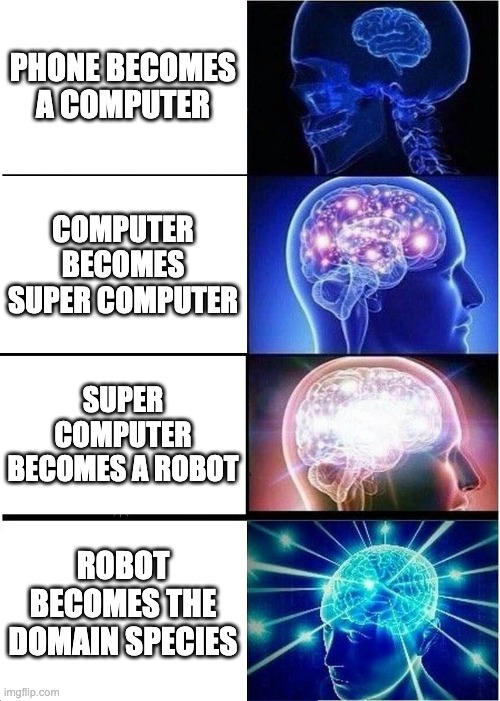 not a joke a fact | PHONE BECOMES A COMPUTER; COMPUTER BECOMES SUPER COMPUTER; SUPER COMPUTER BECOMES A ROBOT; ROBOT BECOMES THE DOMAIN SPECIES | image tagged in memes,expanding brain | made w/ Imgflip meme maker