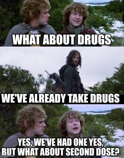 Pippin Second Breakfast | WHAT ABOUT DRUGS; WE'VE ALREADY TAKE DRUGS; YES, WE'VE HAD ONE YES, BUT WHAT ABOUT SECOND DOSE? | image tagged in pippin second breakfast | made w/ Imgflip meme maker