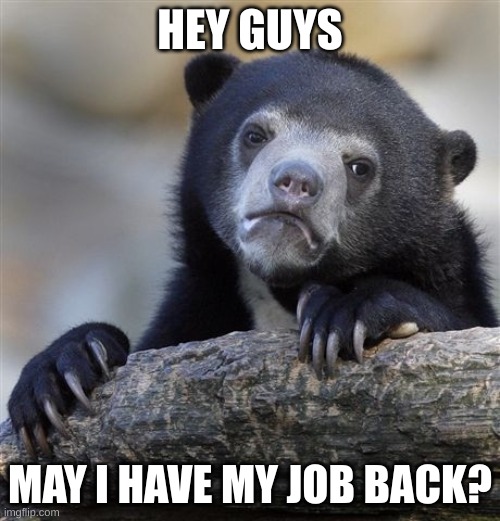 lmao i back again guys. sorry for my hatuis | HEY GUYS; MAY I HAVE MY JOB BACK? | image tagged in memes,confession bear | made w/ Imgflip meme maker