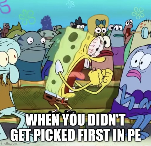 Spongebob Yelling | WHEN YOU DIDN'T GET PICKED FIRST IN PE | image tagged in spongebob yelling | made w/ Imgflip meme maker