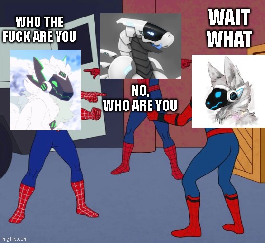 The different kinds of protogens | WHO THE FUCK ARE YOU; WAIT WHAT; NO, WHO ARE YOU | image tagged in spider man triple,protogen,primagen,synth,furry | made w/ Imgflip meme maker