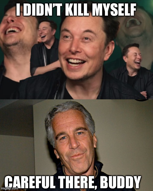 I DIDN’T KILL MYSELF CAREFUL THERE, BUDDY | image tagged in elon musk laughing,jeffrey epstein | made w/ Imgflip meme maker