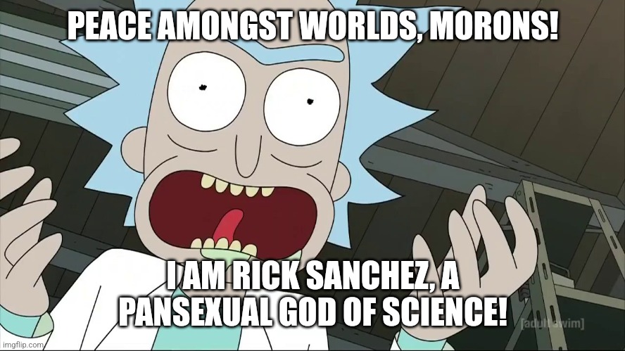 Might as well add on to the trend (and yes, canonically speaking, Rick Sanchez C-137 is indeed pansexual) | PEACE AMONGST WORLDS, MORONS! I AM RICK SANCHEZ, A PANSEXUAL GOD OF SCIENCE! | image tagged in rick sanchez,lgbtq,pansexual,gods,science,simothefinlandized | made w/ Imgflip meme maker