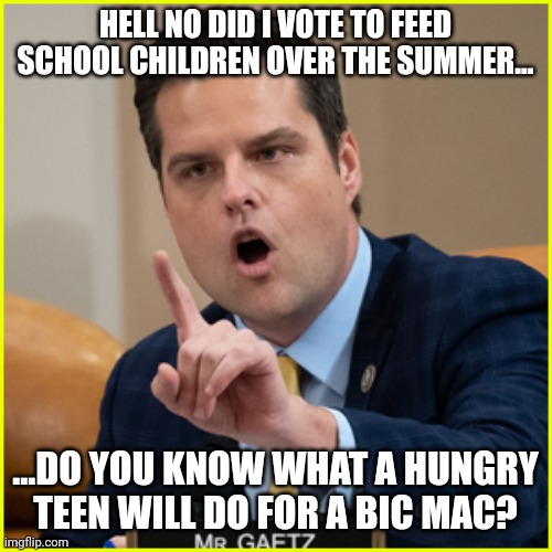 Hungry teen prostitutes will take a lower fair if the deal includes a Big Mac... | HELL NO DID I VOTE TO FEED SCHOOL CHILDREN OVER THE SUMMER... ...DO YOU KNOW WHAT A HUNGRY TEEN WILL DO FOR A BIC MAC? | image tagged in matt gaetz pointing finger of denial | made w/ Imgflip meme maker