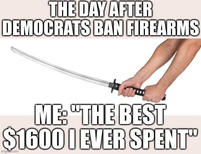 Well....closer to $2k - I bought 2. | THE DAY AFTER DEMOCRATS BAN FIREARMS; ME: "THE BEST $1600 I EVER SPENT" | image tagged in democrats,gun control,self defense | made w/ Imgflip meme maker